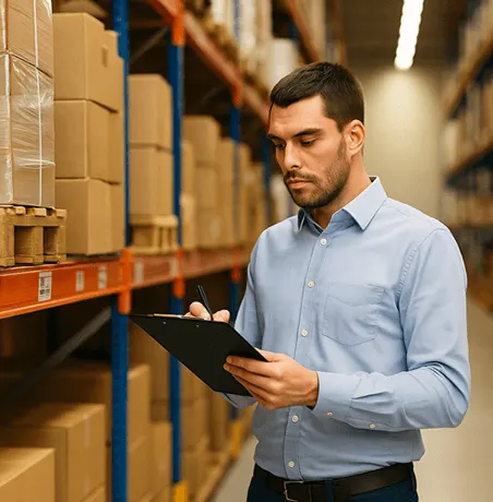 Encargado revisando el inventario de bodega